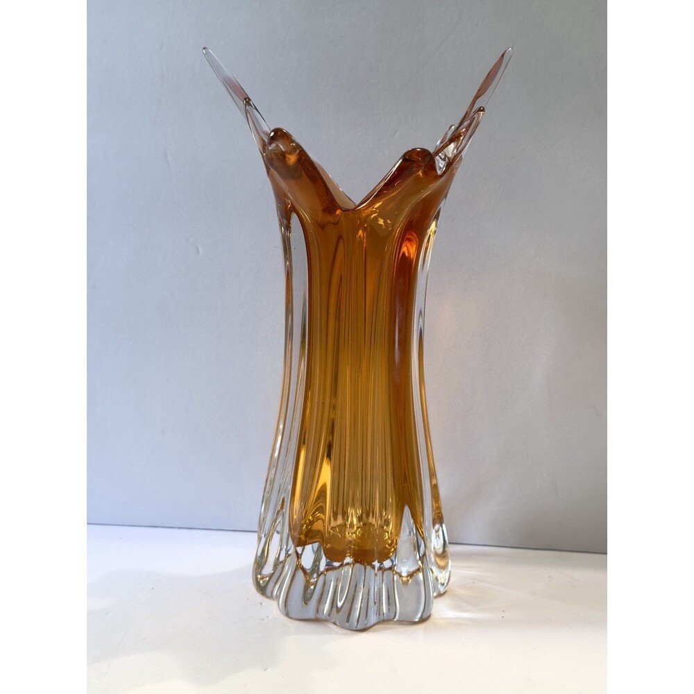 Stunning Bohemia Glass Czech Republic Amber 11.75" Vase